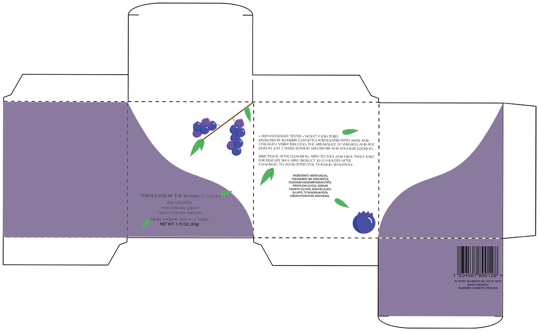a dark purple and white box with the text anti-wrinkle cream on the front plus a branch with blueberries,there are small text leaves are spread out across the box and a blueberry in the corner